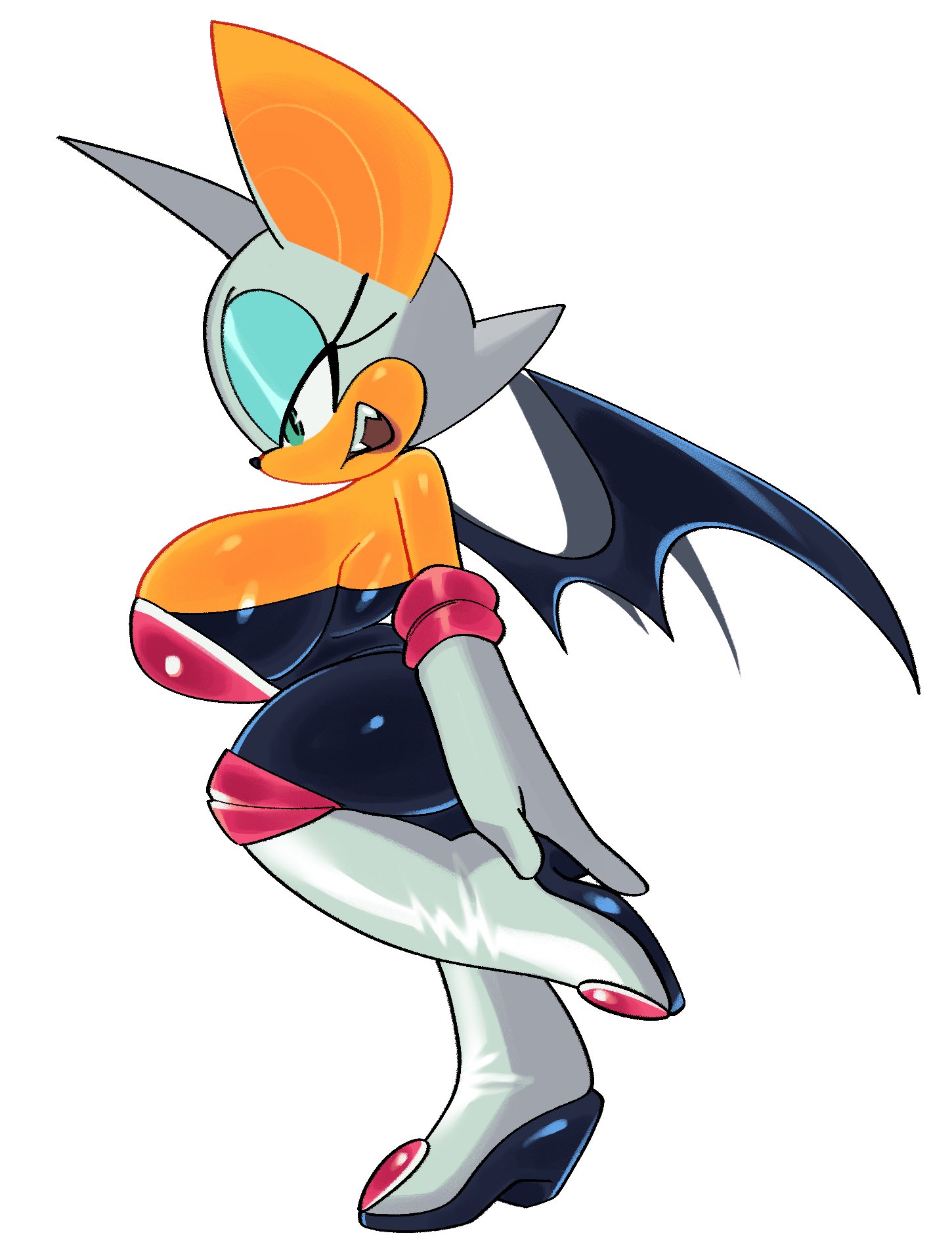 1girls, bat, bat ears, big breasts, black pupils, breasts, cheeks, fangs, female, fiinel, footwear, gloves, green eyes, huge breasts, jpeg, lips, open mouth, rouge the bat, sega, shading, shoes, side view, sideboob, simple background, sonic (series), white background, white gloves, wings