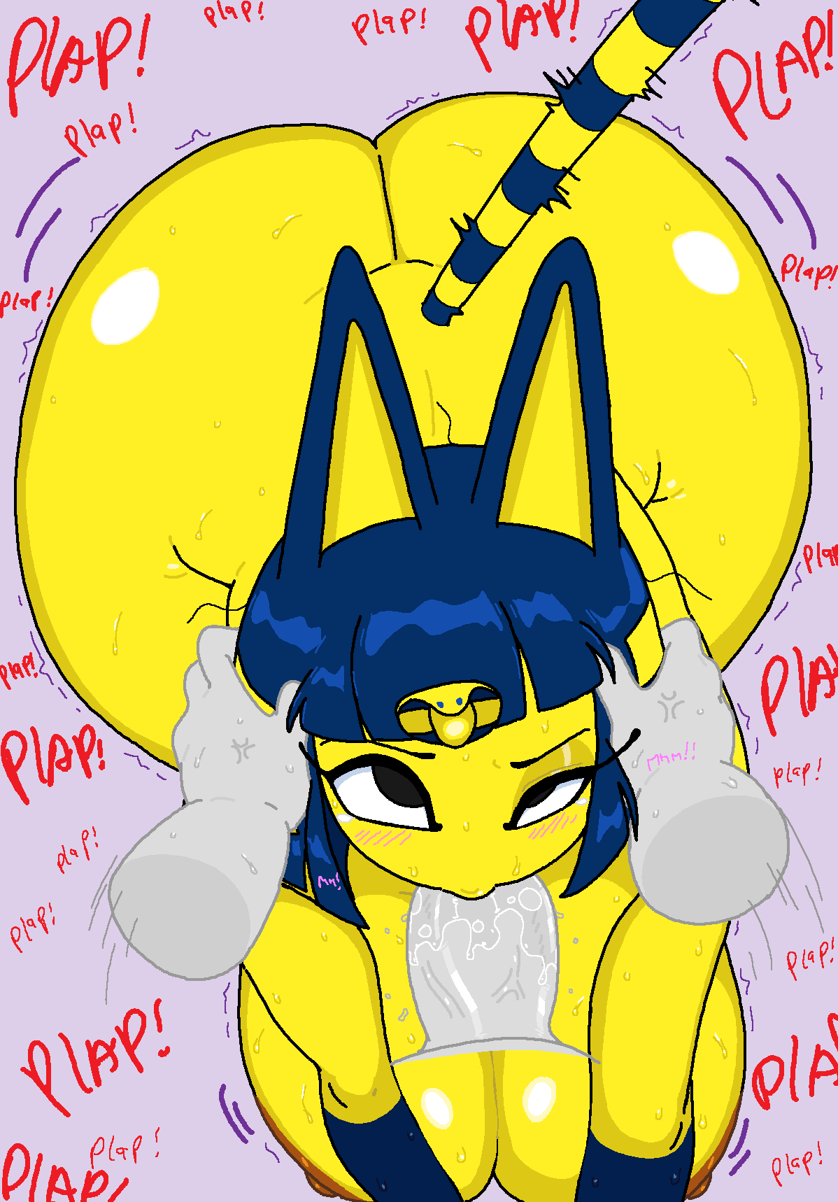 1boy, 1girls, animal crossing, animal ears, ankha, ankha (animal crossing), anthro, ass, big ass, big breasts, blowjob, blush, breasts, cassettedream, cat ears, dream-cassette, feline, fellatio, female, furry, looking at viewer, nintendo, nipples, onomatopoeia, saliva, sweat, tagme, tail, voluptuous, wide hips, yellow fur