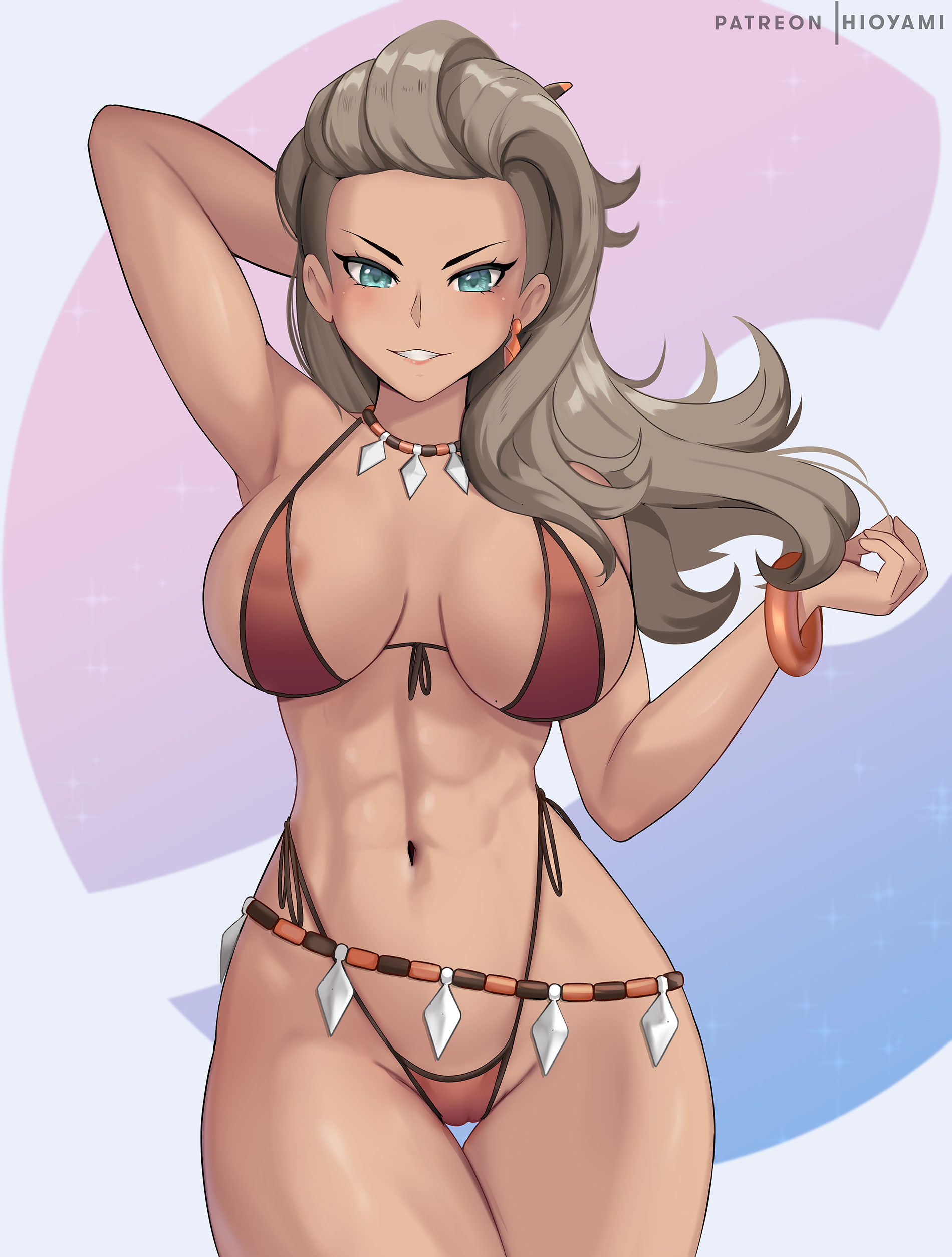 1girls, 2022, abs, alternate breast size, artist signature, asymmetrical hair, bikini, breasts, brown hair, female, female only, fit, fit female, hi res, hioyami, hips, huge breasts, long hair, looking at viewer, naughty face, nintendo, pokemon, pokemon sv, professor sada (pokemon), simple background, slim waist, suggestive look, thick thighs, thighs, wide hips