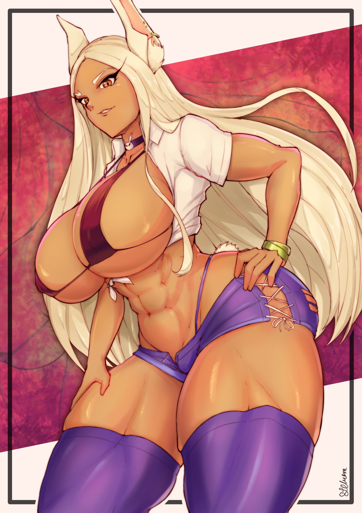 1girls, abs, alternate costume, big breasts, bikini top, booty shorts, breasts, bunny ears, bunny girl, bunny tail, choker, curvy, curvy figure, female, female only, hand on hip, hips, huge breasts, miruko, muscles, muscular, muscular female, my hero academia, orange eyes, purple thighhighs, purple thong, rumi usagiyama, shorts, solo, solo female, telrem, thick thighs, thighhighs, thighs, thong, white background, wide hips