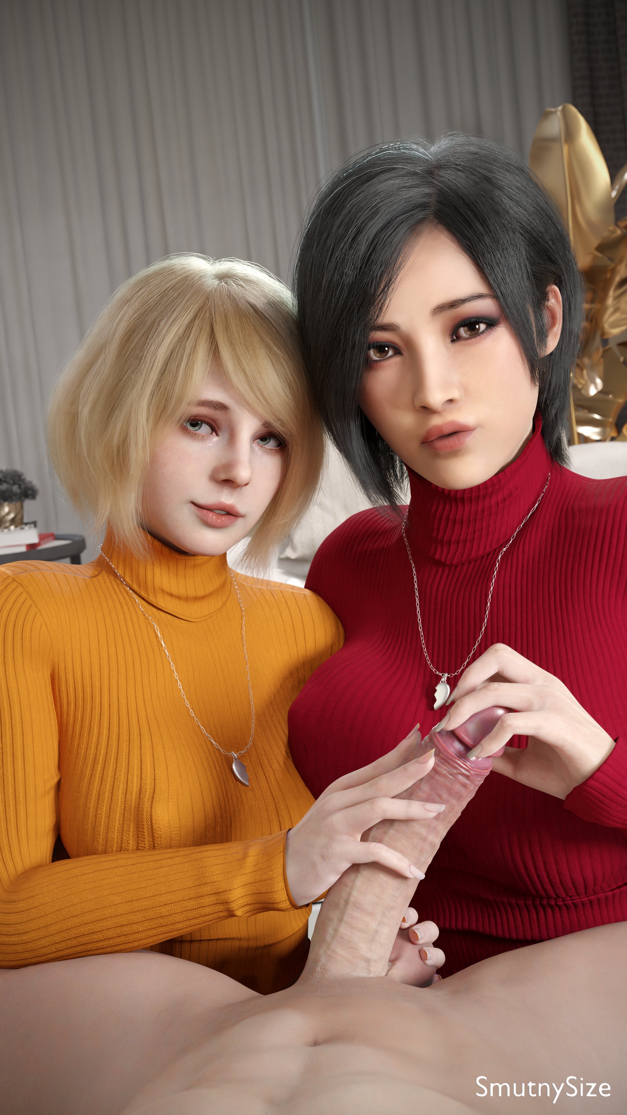 1boy, 2girls, 3d, ada wong, ada wong (adriana), ashley graham, ashley graham (ella freya), black hair, blonde hair, blue eyes, brown eyes, capcom, cock worship, erect penis, erection, female, female focus, male, male pov, penis, resident evil, resident evil 2, resident evil 2 remake, resident evil 4, resident evil 4 remake, sex, smutnysize