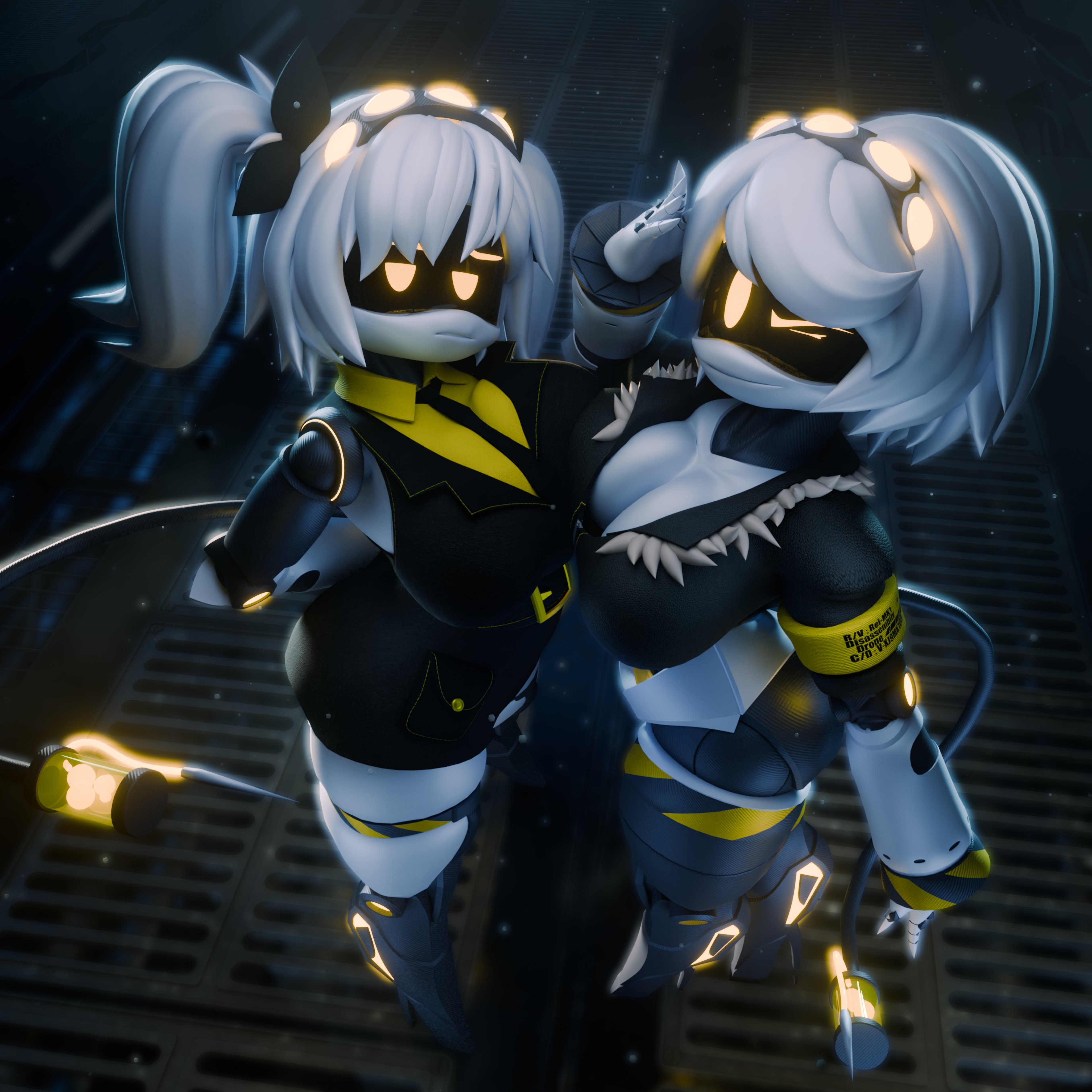 2girls, 3d, 3d (artwork), artist request, ass, big ass, big breasts, big thighs, boobs, breasts, drone, female, female focus, female only, glitch productions, huge thighs, indoors, inside, j (murder drones), long hair, looking at viewer, murder drones, reivene3d (modeler), robot, robot girl, screen face, short hair, silver hair, thick thighs, thighs, tits, twintails, v (murder drones), yellow eyes