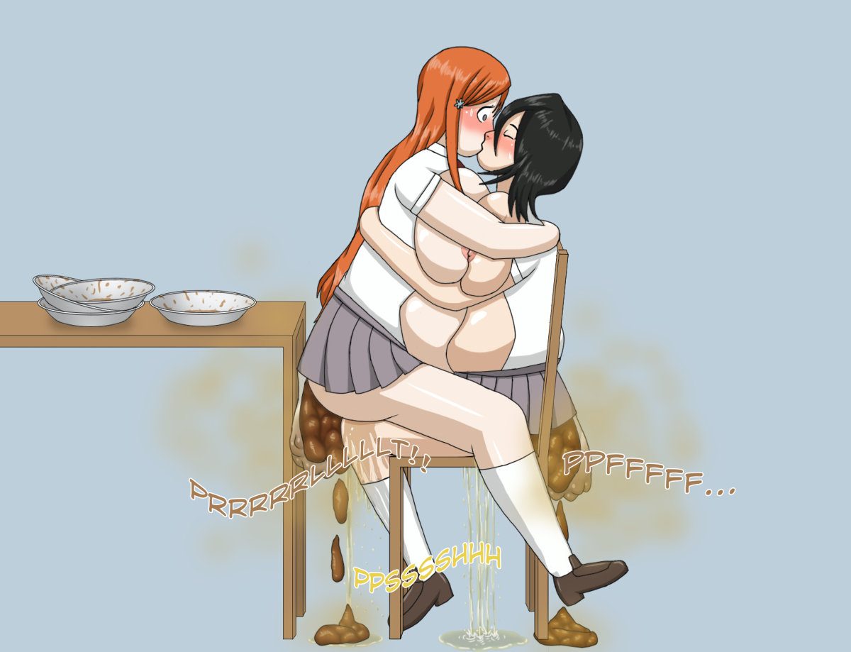 bleach, blush, breasts, clothing, female, inoue orihime, kissing, kuchiki rukia, large breasts, panties, panty poop, peeing, peeing on another, pissing, scat, school uniform, shitting, skirt, soiling, soiling underwear, wetting, yuri