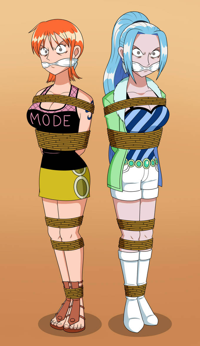 angry blue_hair bondage cleave_gag female female_only gag imightbemick miss_wednesday nami nefertari_vivi one_piece orange_hair pre-timeskip princess rope_bondage short_hair