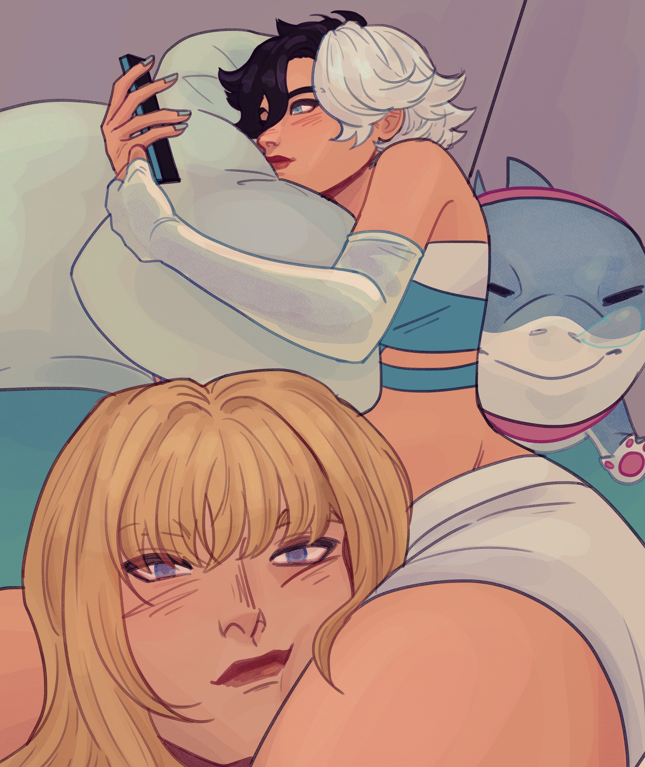 2d, 2girls, between legs, between thighs, blonde hair, female, female only, im this clingy (meme), jeff the land shark, luna snow, luna snow (marvel rivals), magik (illyana rasputin), magik (marvel rivals), marvel, marvel rivals, selfie, sleeping, snowsword, thick thighs, thighs, yuri