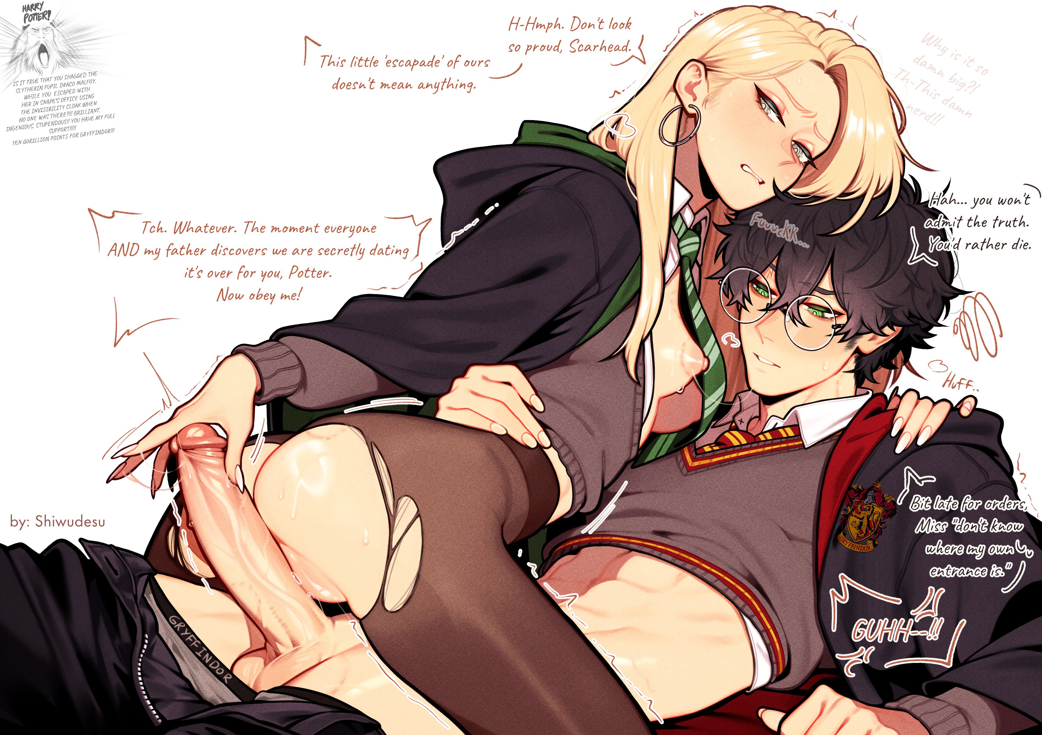 areolae, black hair, blonde hair, breasts, dialogue, draco malfoy (redteneri), english text, erection, female, genderswap, glasses, green eyes, harry james potter, harry potter, imminent sex, light skin, light-skinned female, light-skinned male, long hair, male, nipples, pants down, penis, rule 63, shiwudesu, short hair, small breasts, text