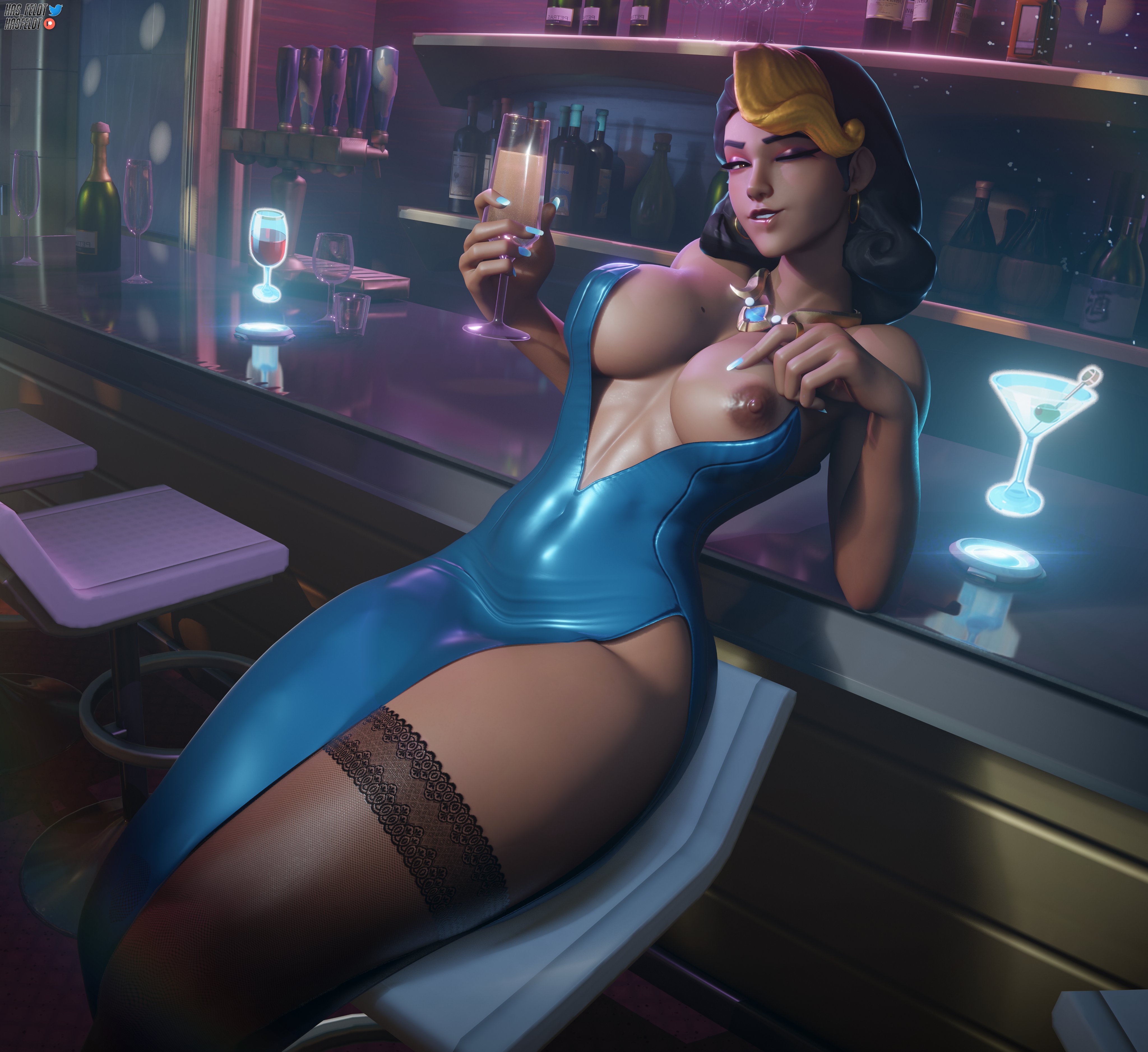 1girls, 3d, blue dress, dark-skinned female, domina, evening gown, female, female focus, female only, girl, hasfeldt, indian, indian female, one breast out, overwatch, solo, solo female, solo focus, stockings, vaira singhania