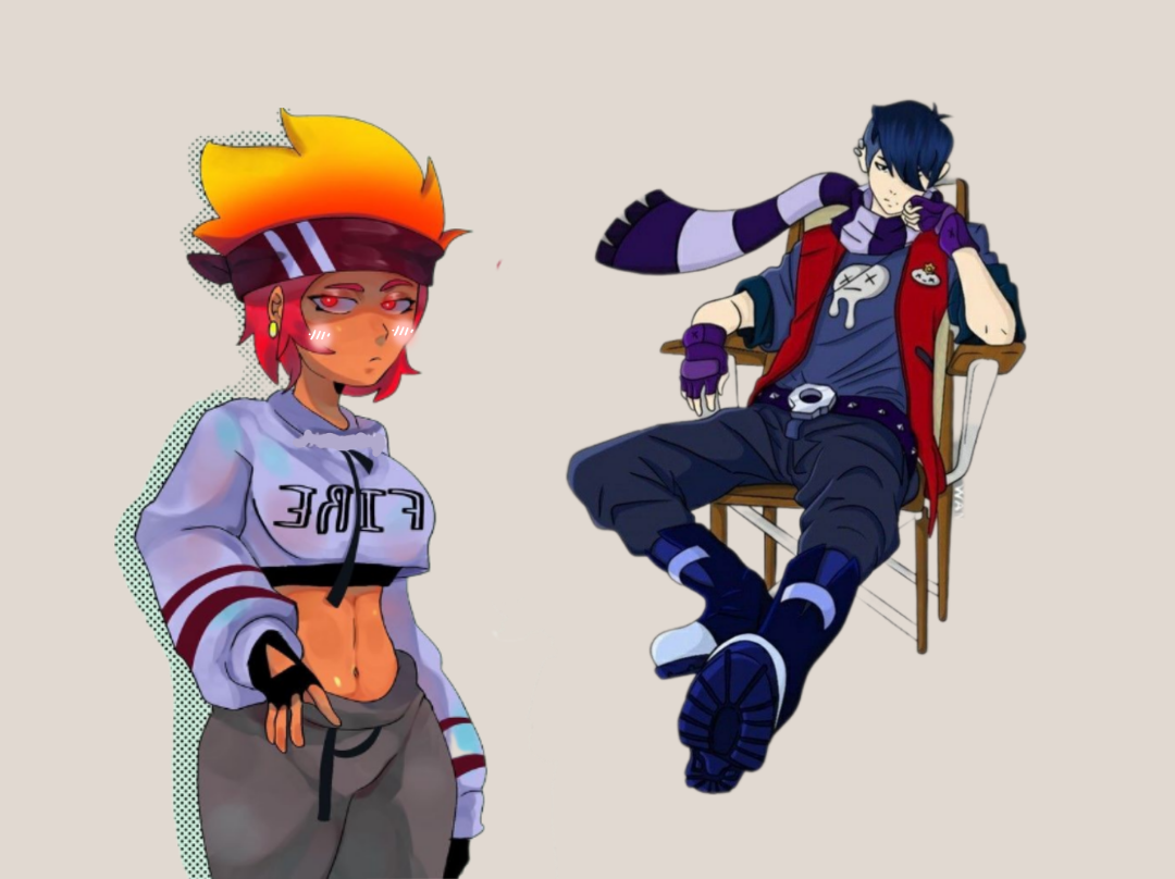 1boy, 1girls, amber (brawl stars), brawl stars, breasts, clothed, edgar (brawl stars), female, fully clothed, looking at viewer, male, public