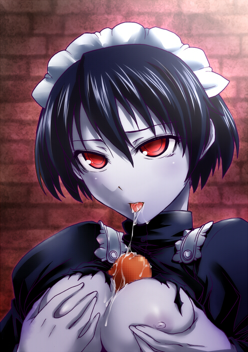 breast_hold breast_squeeze breasts censored female maid maid_headdress male mary_(soul_hackers) megami_tensei paizuri penis red_eyes saliva segami_daisuke short_hair soul_hackers straight tongue torn_clothes