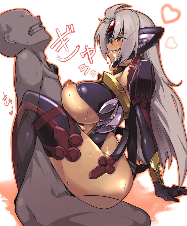 1boy 1girls arm_support blue_eyes breasts cyborg dark-skinned_female dark-skinned_male dark_skin elbow_gloves erect_nipples female femdom gloves grey_hair heart hijiri huge_breasts large_breasts legs long_hair male nipples puffy_nipples sex silver_hair straight sweat t-elos thighhighs thighs upright_straddle vaginal_penetration xenosaga xenosaga_episode_iii zettai_ryouiki