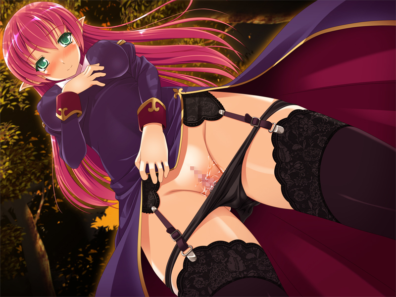 black_legwear black_panties black_thighhighs blush censored garter_belt garter_straps green_eyes lace lace-trimmed_thighhighs legs panties pink_hair pointy_ears pov priest priest_(ragnarok_online) pussy ragnarok_online thighhighs thighs toujou_akira underwear