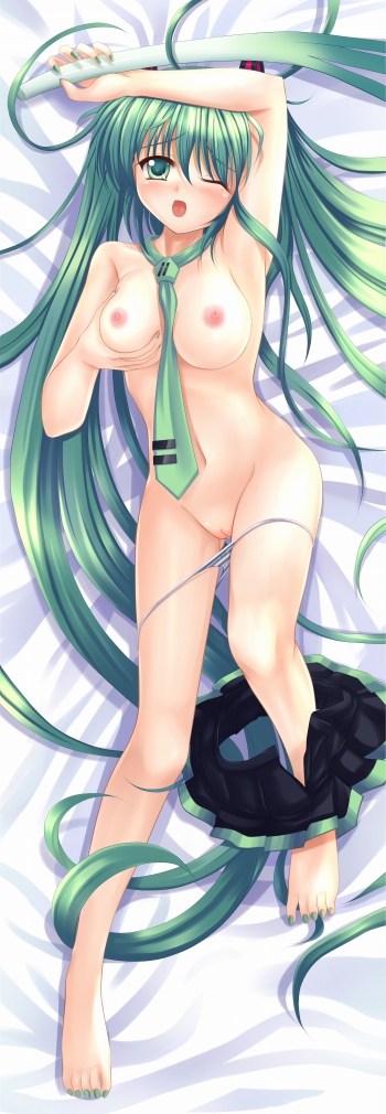 aqua_eyes aqua_hair breast_grab breasts dakemakura-koubou dakimakura hatsune_miku leek long_hair nipple nipples nude panties_down self_fondle skirt source_request tagme uncensored undressing vocaloid wink