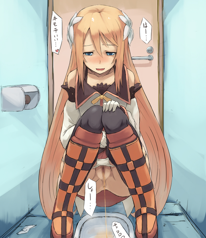 blonde_hair blush censored chiwino clothing fat_mons marta_lualdi panties panty_pee panty_pull peeing restroom_stall squat_toilet squatting stockings tales_of_(series) tales_of_symphonia tales_of_symphonia_knight_of_ratatosk thighhighs toilet toilet_use translation_request underwear