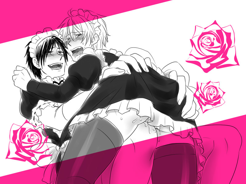 2boys blush costume crossdressing durarara!! heiwajima_shizuo maid male multiple_boys orihara_izaya thigh_riding yaoi