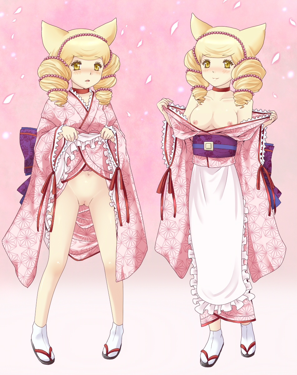 2girls animal_ears apron bare_shoulders blonde_hair blush bonbori breasts drill_hair exposed_breasts exposed_pussy female female_only footwear fox_ears highres hoozuki hoozuki_(otome_youkai_zakuro) humanoid japanese_clothes legs multiple_girls navel nipples no_bra no_panties oginy open_mouth otome_youkai_zakuro petals pussy shirt_down skirt_lift socks twins uncensored white_legwear white_socks yellow_eyes youkai