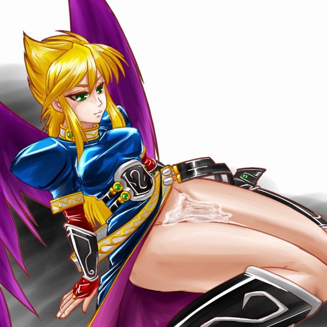 alcohol blonde_hair bottomless breath_of_fire breath_of_fire_ii bridal_gauntlets clothing female green_eyes long_hair nina_(breath_of_fire_ii) sitting solo tamasyabu wakamezake wings