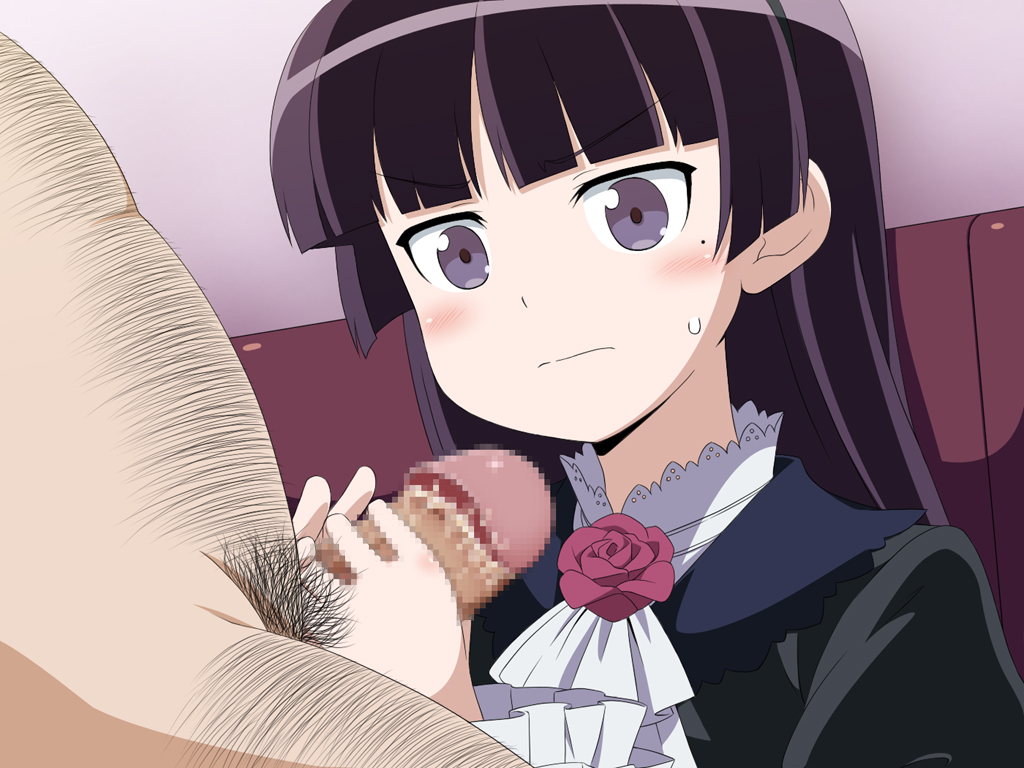 1boy, 1girls, age difference, akogare no ano ko wa boku no chinkasu soujiki, black hair, blush, censored, clothed female nude male, dirty penis, ear, fat male, female, gokou ruri, gothic lolita, hairy, handjob, lolita fashion, long hair, male, miyamaya, older male, older male and younger female, ore no imouto ga konna ni kawaii wake ga nai, penis, purple eyes, purple hair, rose, smegma, straight, sweat, sweatdrop, teenage female, teenager, younger female