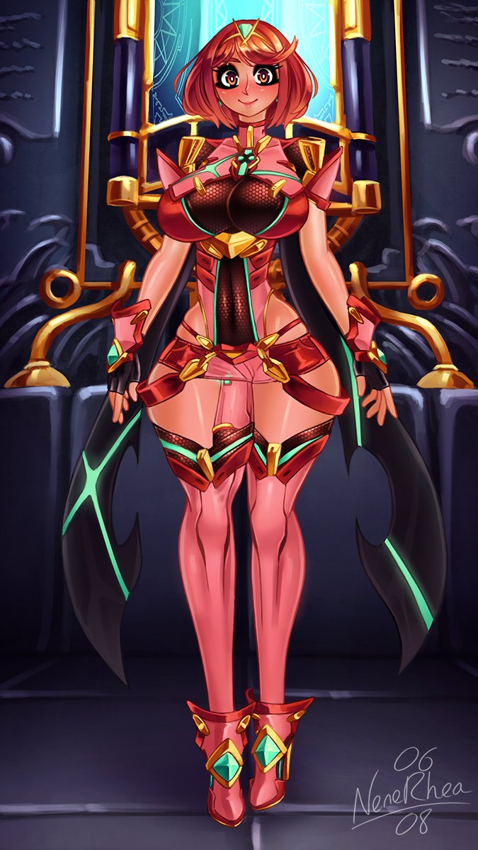1futa, balls, bangs, big hips, breasts, clothed, clothing, cock sleeve, cock sleeve (clothes), full body, fully clothed, futa only, futanari, high heel boots, high heels, huge cock, human, intersex, light skin, light-skinned futa, nenerhea, penis, pyra, red hair, solo, standing, tagme, thick thighs, thighhighs, wide hips, xenoblade (series), xenoblade chronicles 2