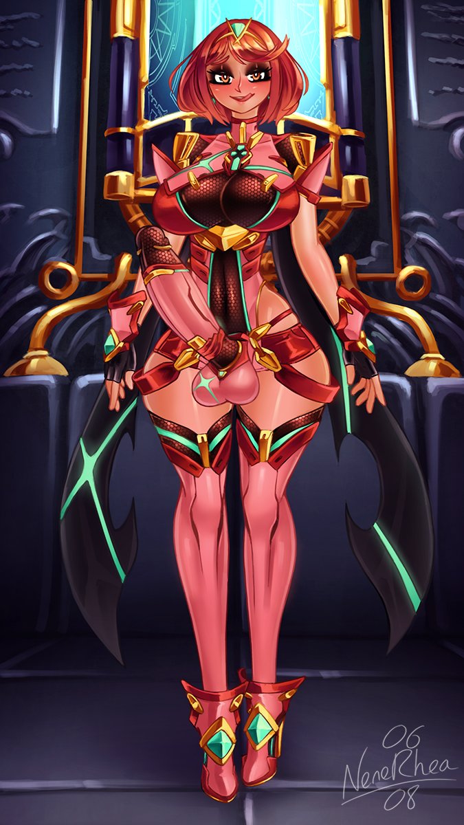 1futa, balls, bangs, big hips, breasts, clothed, clothing, cock sleeve, cock sleeve (clothes), erect penis, erection, full body, futa only, futanari, high heel boots, high heels, huge cock, human, intersex, light skin, light-skinned futa, mostly clothed, nenerhea, penis, pyra, red hair, solo, standing, tagme, thick thighs, thighhighs, wide hips, xenoblade (series), xenoblade chronicles 2