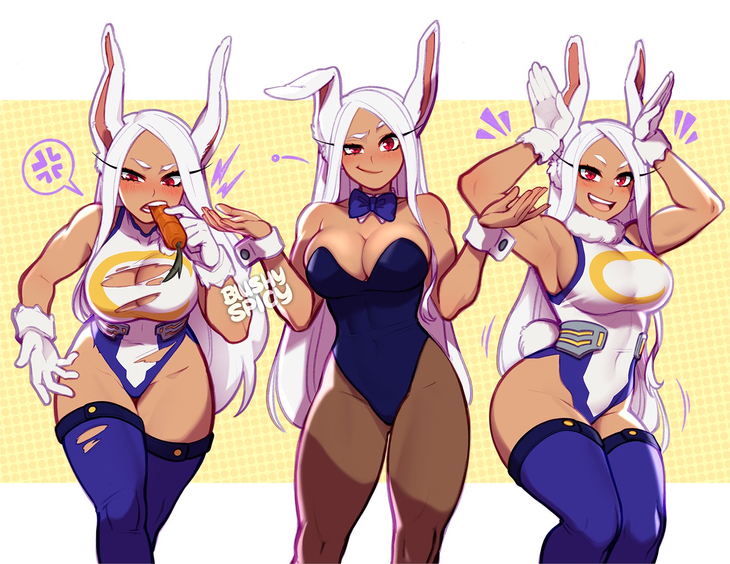 1girls, animal ears, armpits, arms up, blue stockings, blush, blushypixy, blushyspicy, breasts, brown pantyhose, bunny ears, bunny girl, bunny tail, bunnysuit, carrot, cleavage, clothed, dark skin, dark-skinned female, female, female only, fully clothed, happy, large breasts, latex, long hair, looking at viewer, miruko, my hero academia, pantyhose, playboy bunny, posing, rabbit ears, rabbit girl, rabbit tail, red eyes, rumi usagiyama, shiny clothes, simple background, smiling, solo, solo focus, standing, thick thighs, thighhighs, thighs, tight clothing, torn clothes, torn legwear, torn shirt, uncensored, white gloves, white hair, white shirt, wrist cuffs