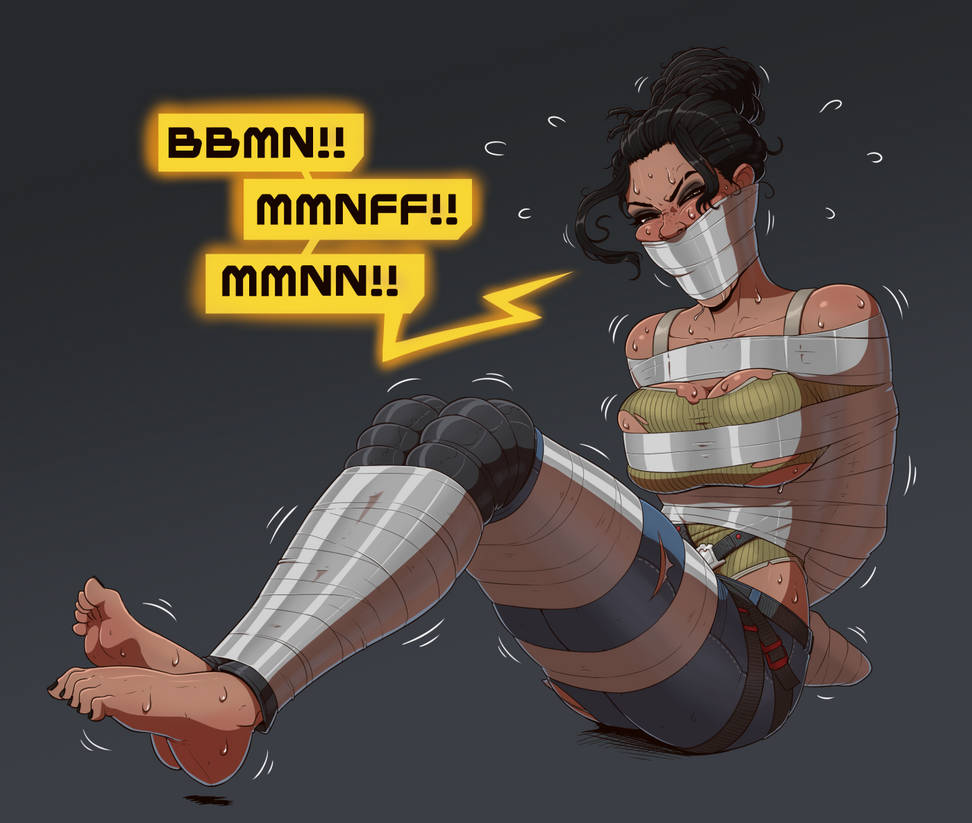 angry, black toenails, bondage, cyberpunk 2077, dark skin, dark-skinned female, feet, female, gag, hobbled, no source, panam palmer, skelebomb, sweat, tape bondage, tape gag, toenail polish