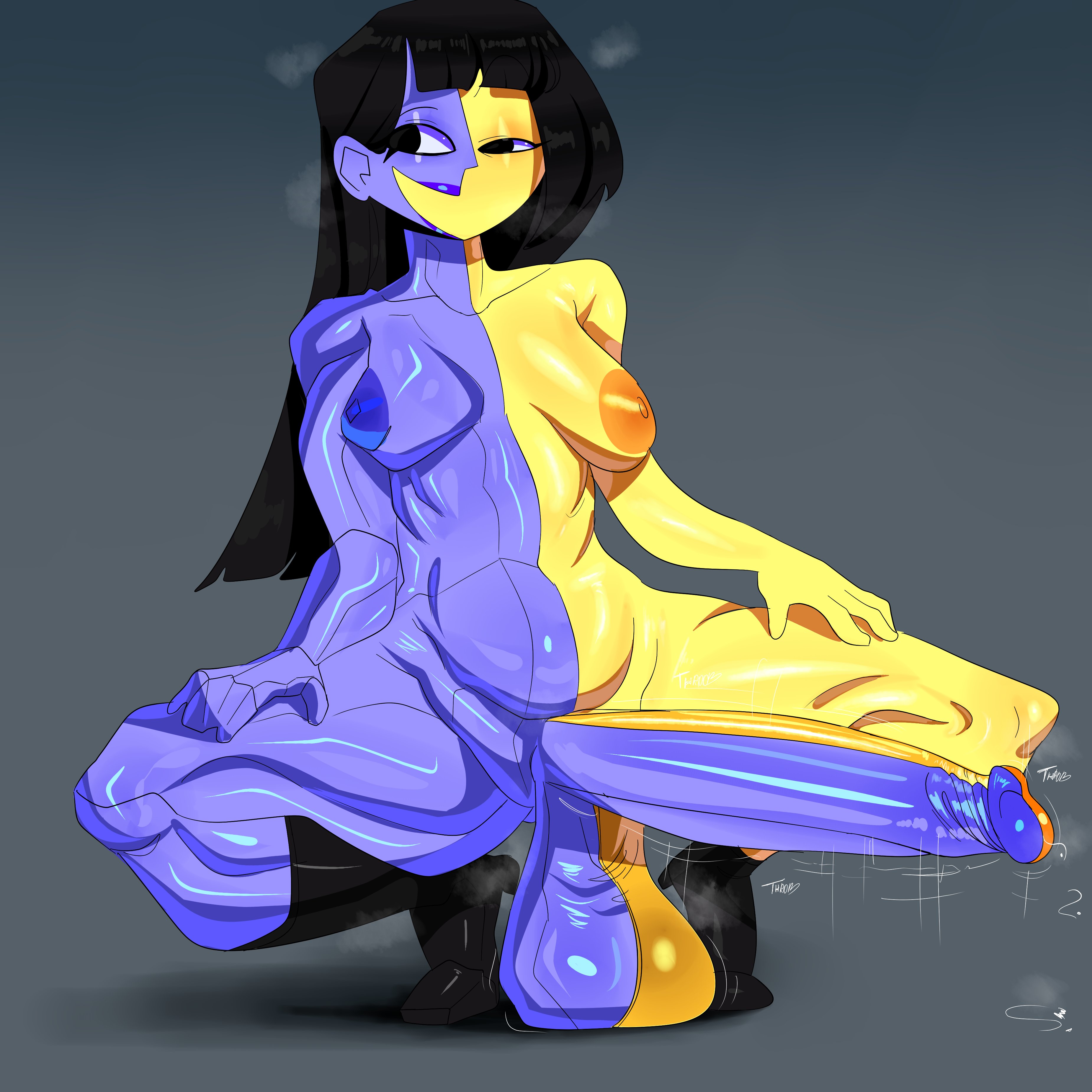 1futa, areolae, balls, bangs, big breasts, black hair, blue skin, breasts, breasts apart, ena, ena (series), erection, futa only, futanari, huge balls, huge cock, humanoid, humanoid penis, intersex, joel g, long hair, nipples, nude, penis, shiny skin, solo, spread legs, squatting, tayuri, two-sided two-tone body, two-tone body, yellow skin