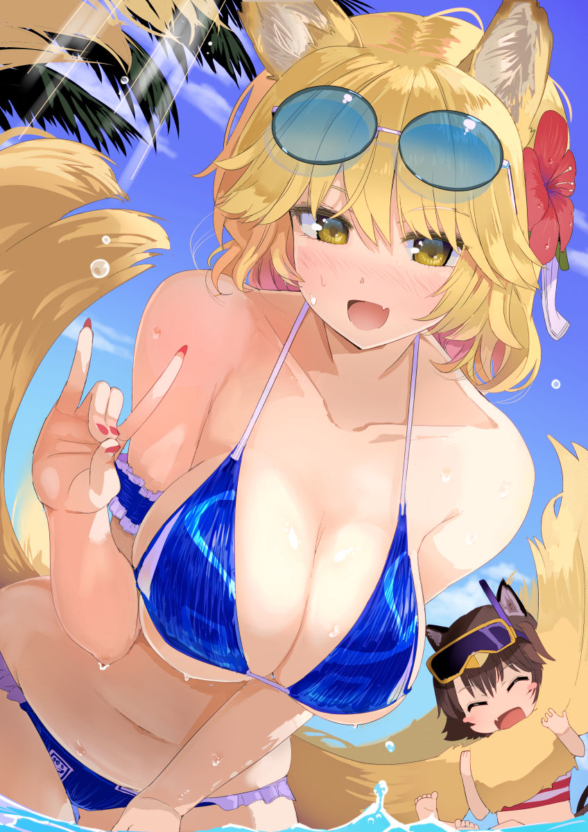 2girls animal_ears bare_arms bare_shoulders bikini blonde_hair blue_bikini blue_sky blush breasts brown_hair cat_ears chen cleavage closed_eyes collarbone day eyewear_on_head fang flower fox_ears fox_shadow_puppet fox_tail hair_flower hair_ornament hibiscus highres horny large_breasts leaning_forward looking_at_viewer medium_hair multiple_girls multiple_tails nail_polish open_mouth outdoors palm_tree pixiv puuakachan ran_yakumo red_flower red_nails skin_fang sky smile snorkel summer sunglasses sunlight swimsuit tail touhou tree wading water wet yellow_eyes yellow_tail