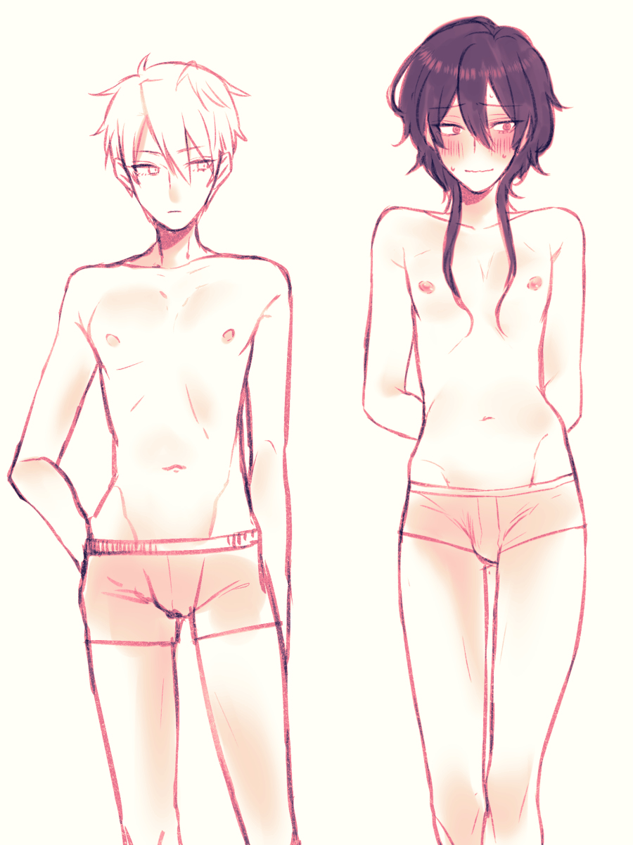 2boys, black hair, blush, embarrassed, femboy, male, male only, original, original character, out indigo, underwear only, yaoi