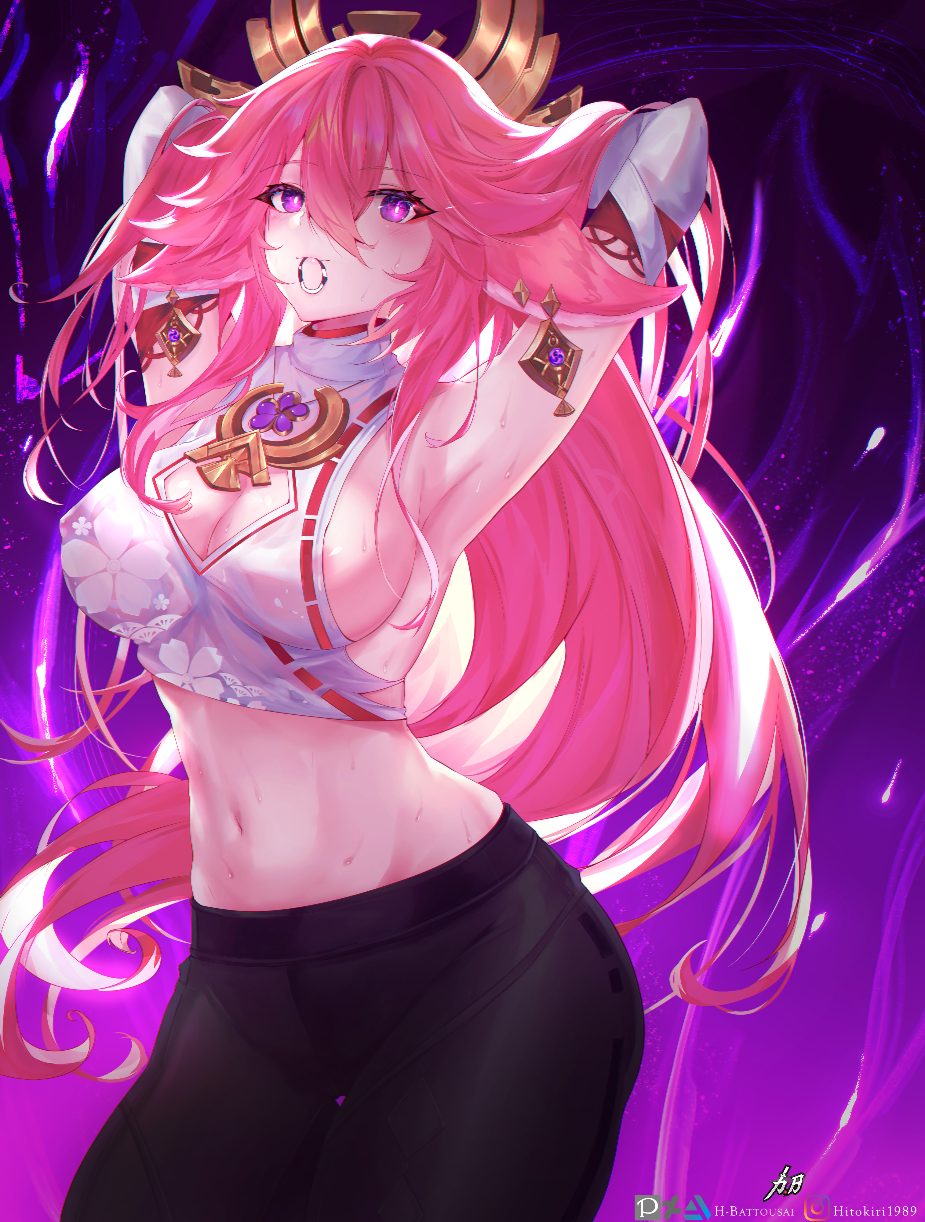 absurdres, adapted costume, animal ears, areola slip, armpits, arms behind head, arms up, bangs, bare shoulders, black pants, breasts, cleavage, cleavage cutout, clothing cutout, commentary, cowboy shot, crop top, eyebrows visible through hair, female, fox ears, genshin impact, hair between eyes, hair tie in mouth, highres, hitokiri battousai, leggings, long hair, looking at viewer, midriff, mouth hold, navel, pants, pink hair, purple background, purple eyes, shirt, sideboob, sleeveless, sleeveless shirt, smile, solo, standing, stomach, thighs, very long hair, white shirt, yae miko