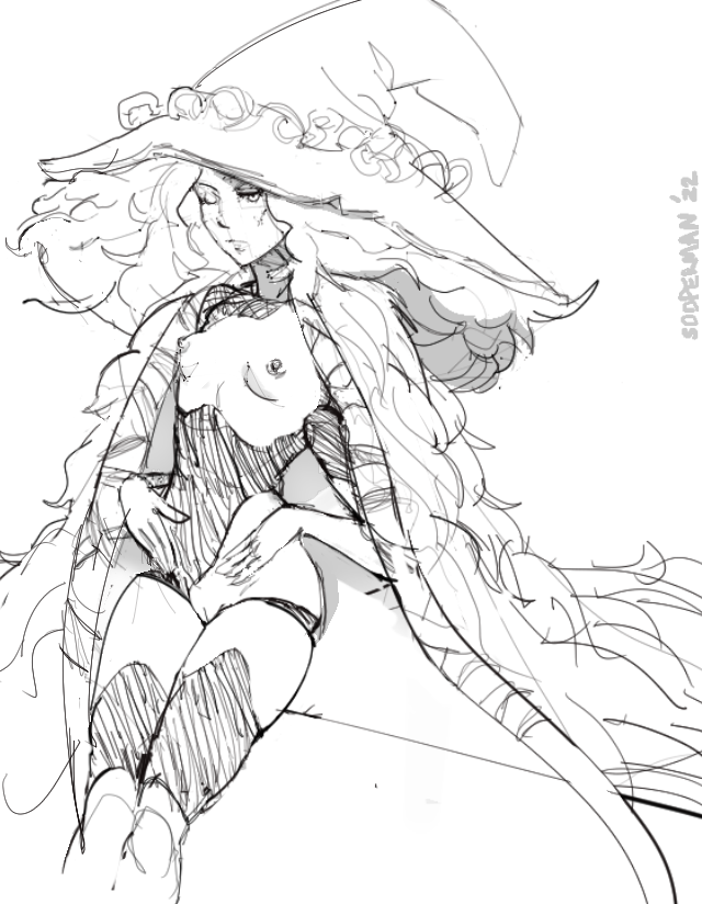 1girls, breasts, elden ring, female, female only, fromsoftware, pussy, ranni the witch, ripped clothing, sketch, sooperman, thin female, witch hat