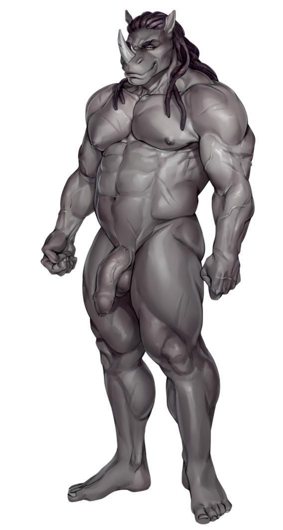 abs anthro bara black_hair dreadlocks flaccid foreskin grey_skin horn humanoid_penis kingsguard_vn male_only muscular_arms muscular_male muscular_thighs nipples pecs rhinoceros solo_focus solo_male thebigslick toes veiny_arms visual_novel