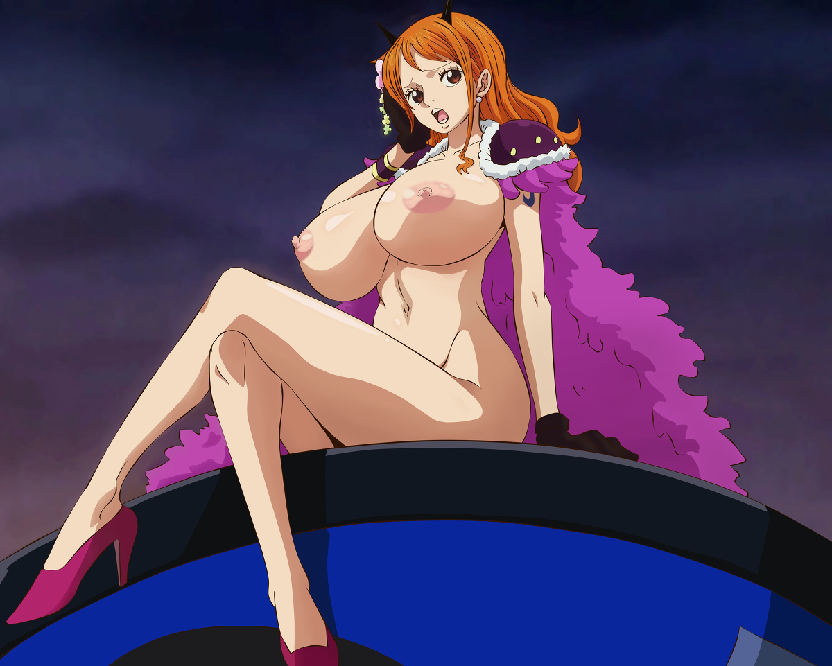 1girls, accurate art style, alternate costume, arm tattoo, ass, big ass, big breasts, blue tattoo, blush, breasts, cape, edit, edited, edited screencap, female, female only, gloves, heels, horn, hourglass figure, linea alba, long hair, nami (one piece), nipples, nude, nude edit, nude female, nude filter, one piece, orange hair, orange-haired female, perfect body, perfect legs, photoshop, post-timeskip, screen, screen capture, screen face, screencap, screenshot, screenshot edit, sitting, slim waist, solo, tattoo, tattoo on arm, tattooed arm, thick thighs, third-party edit, tights, vitan (artist), wide hips
