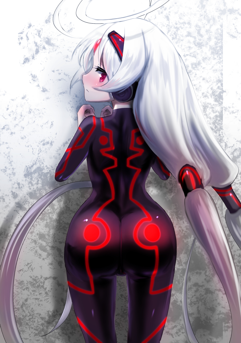 against_wall ass blush bodysuit looking_at_viewer looking_back skin_tight twintails under_night_in-birth vatista