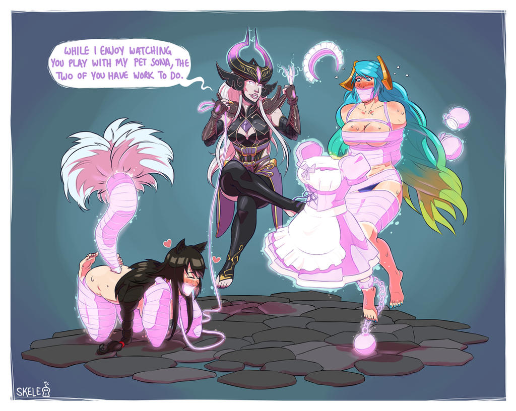 3girls ahri black_hair blue_hair blue_toenails blush bondage cat_ears cloth_gag dress feet femdom femsub gag gradient_hair happy_sub league_of_legends leash lezdom magic multiple_girls multiple_subs shackles skelebomb sona_buvelle speech_bubble sweat syndra tail text toeless_legwear toenail_polish