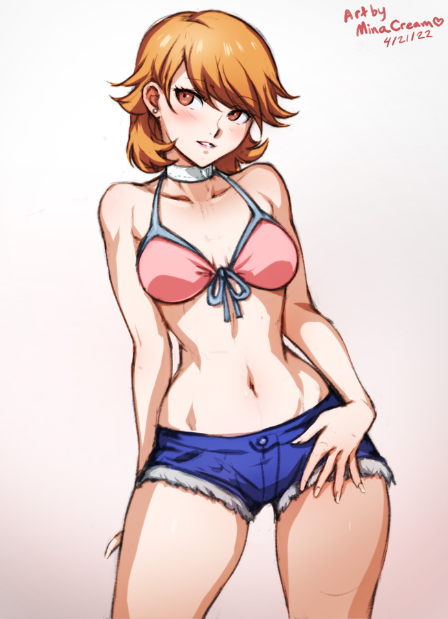 1girls 2022 atlus bikini bra breasts brown_eyes brown_hair clothed clothing female girl girly looking_away minacream nails necklace partially_clothed persona persona_3 persona_3_fes persona_3_portable pose short_hair shorts simple_background smile smiling thick_legs thick_thighs yukari_takeba