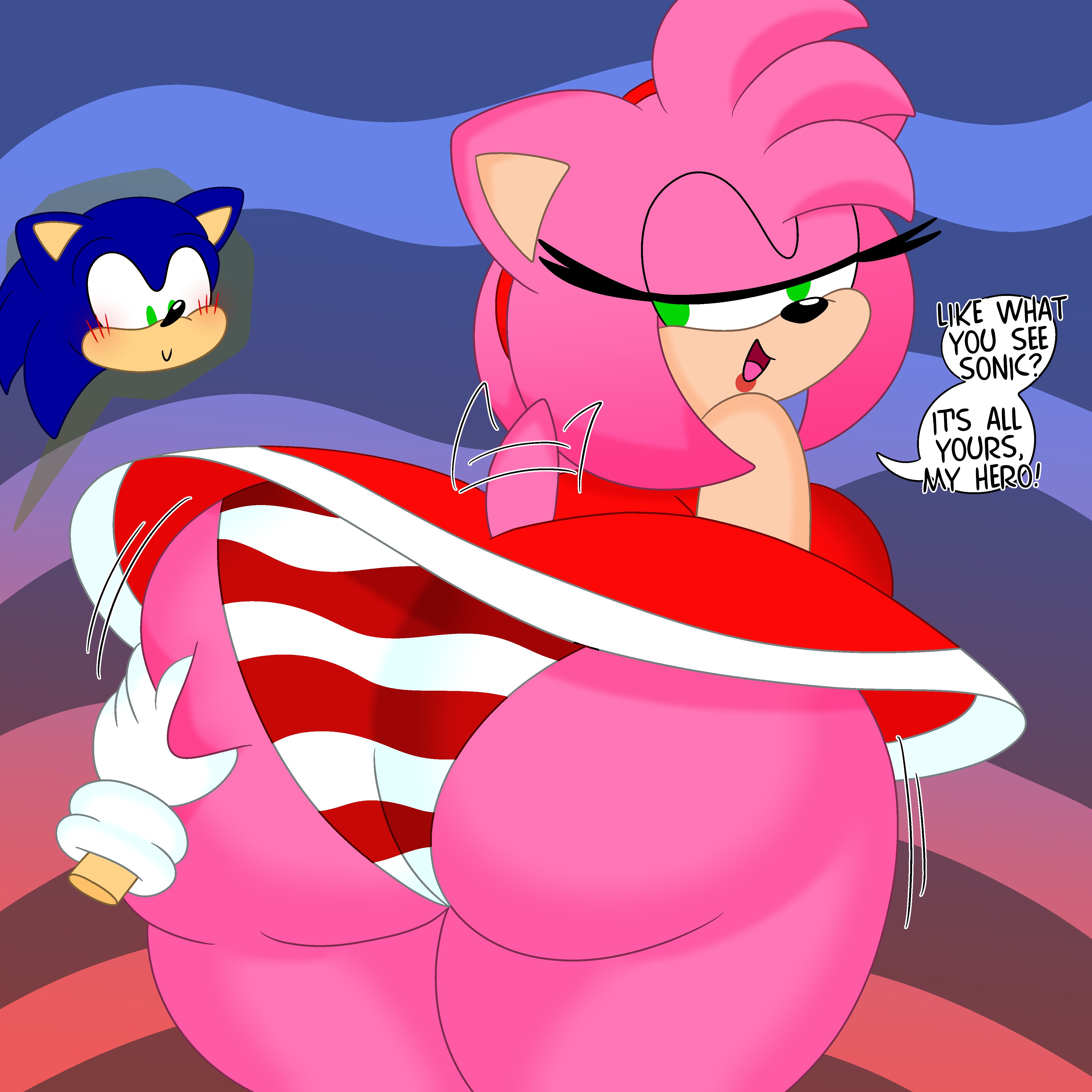 1boy, 1girls, 3barts, amy rose, anthro, ass, bent over, big ass, bubble ass, bubble butt, clothing, dialogue, dress, fat ass, female, green eyes, hairband, half-closed eyes, hedgehog, huge ass, looking at another, looking back, male, panties, pink hair, pink skin, presenting, presenting hindquarters, sega, smile, sonic (series), sonic the hedgehog, sonic the hedgehog (series), striped panties, thick ass, thick thighs, wide hips