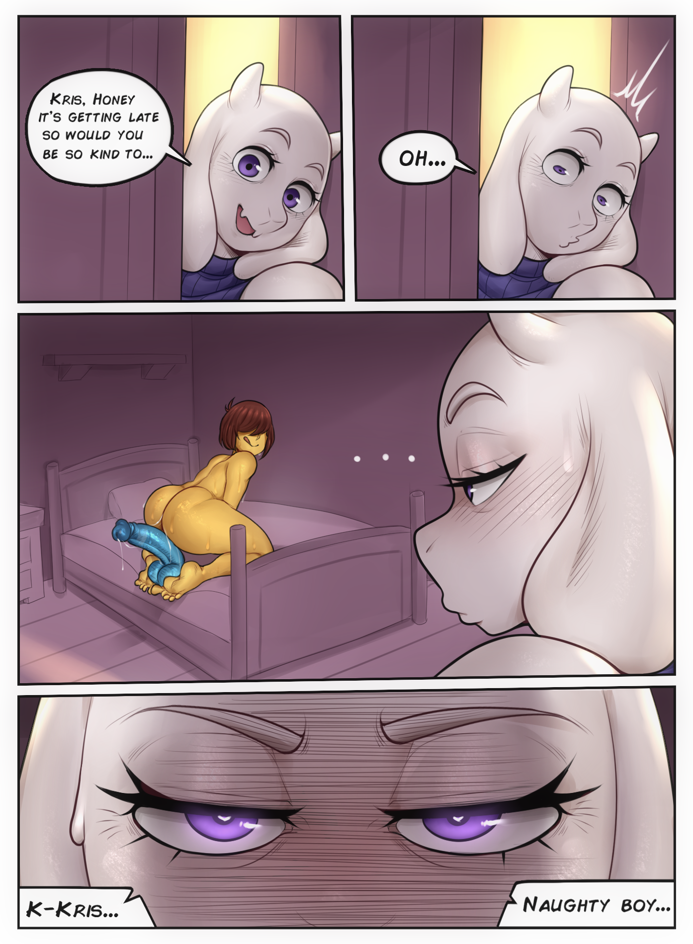 1boy, 1futa, 2d, caught in the act, comic, deltarune, detnox, dildo, english text, futanari, human, humanoid, imminent sex, intersex, kris (deltarune), male, tagme, talking, text, toriel, undertale, undertale (series)