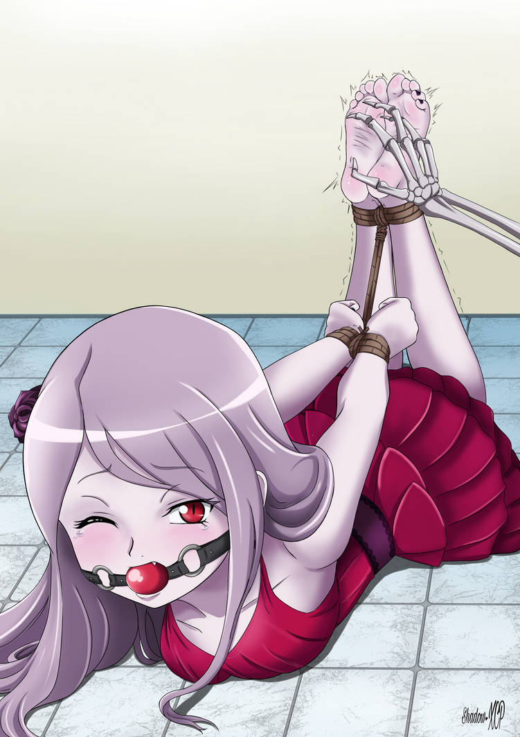 ainz_ooal_gown ball_gag black_toenails bondage dress feet gag hogtie long_hair one_eye_closed overlord_(maruyama) pink_skin rope_bondage shadow-xcp shalltear_bloodfallen tickling toenail_polish