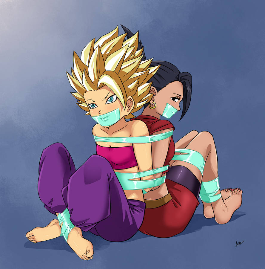2girls, black hair, blonde hair, blue eyes, bondage, brown eyes, caulifla, dragon ball, dragon ball super, feet, female, female only, gag, hoop earrings, kale, lostonezero, multiple girls, tape bondage, tape gag, toenail polish