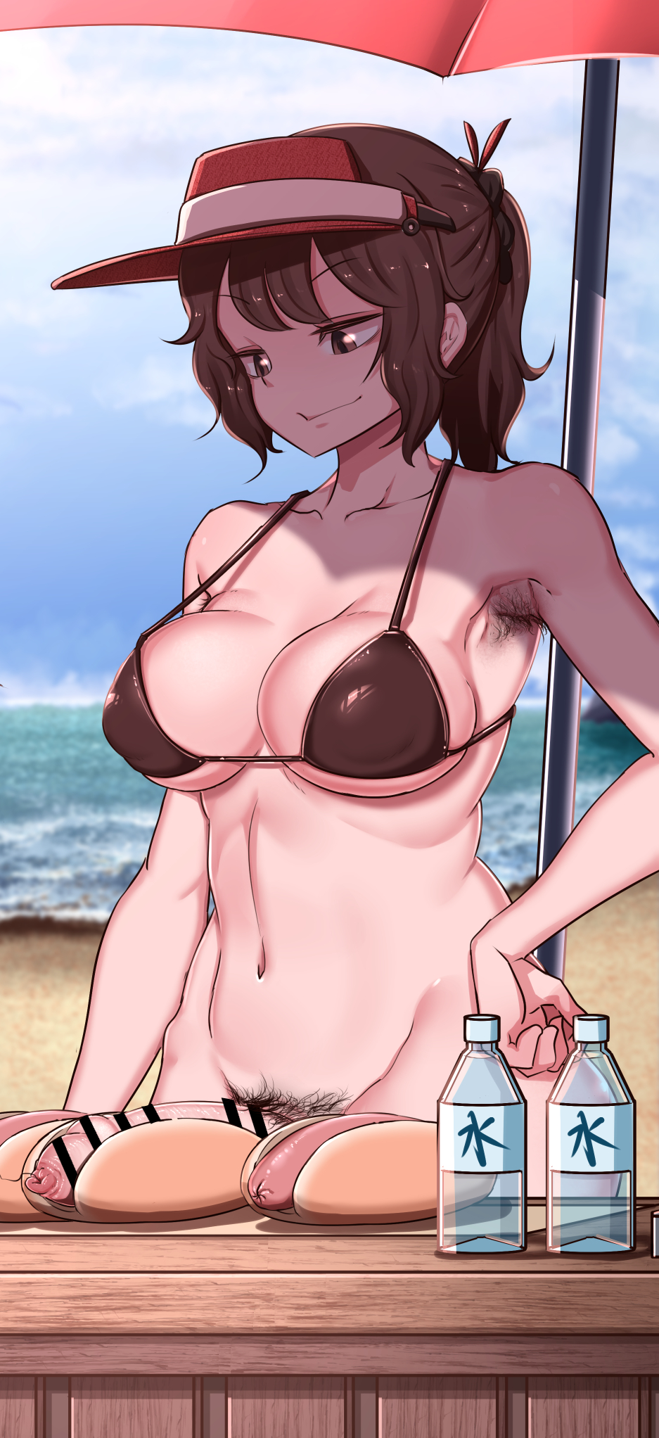 1futa armpit_hair armpits beach big_breasts big_penis bikini bikini_top bottomless breasts brown_eyes brown_hair censored cleavage clothed clothing dickgirl flaccid food food_play futa_only futanari hairy_armpits hot_dog hot_dog_bun hotdog human intersex lemon_snail light-skinned_futanari light_skin long_hair medium_breasts mostly_nude penis penis_hot_dog pubic_hair solo standing stray_pubic_hair swimsuit uncut unretracted_foreskin