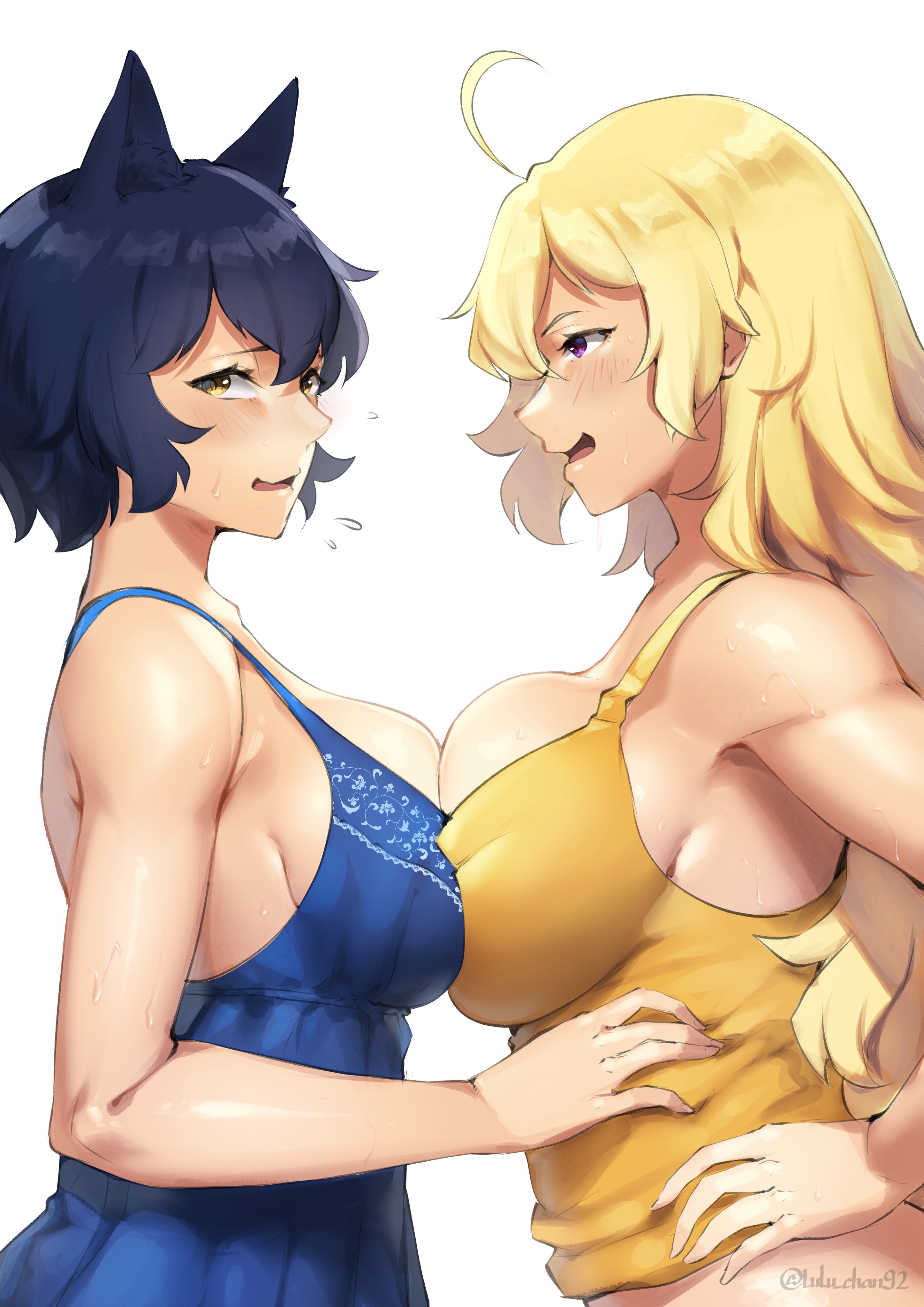 2girls, ahoge, animal ears, bangs, blake belladonna, blonde hair, blue hair, blush, blush lines, breast press, breast to breast, breasts, breasts pressed together, breasts to breasts, breasts together, busty, canon couple, cat ears, curvy, dress, female, female focus, female only, from side, hand on hip, hand on own hip, large breasts, light skin, light-skinned female, long hair, looking at another, looking away, lulu-chan92, multiple females, multiple girls, open mouth, purple eyes, rooster teeth, rwby, short hair, side view, sideboob, simple background, standing, sweat, sweatdrop, sweating, sweaty, sweaty body, sweaty breasts, symmetrical docking, tagme, tank top, voluptuous, white background, yang xiao long, yellow eyes, yuri