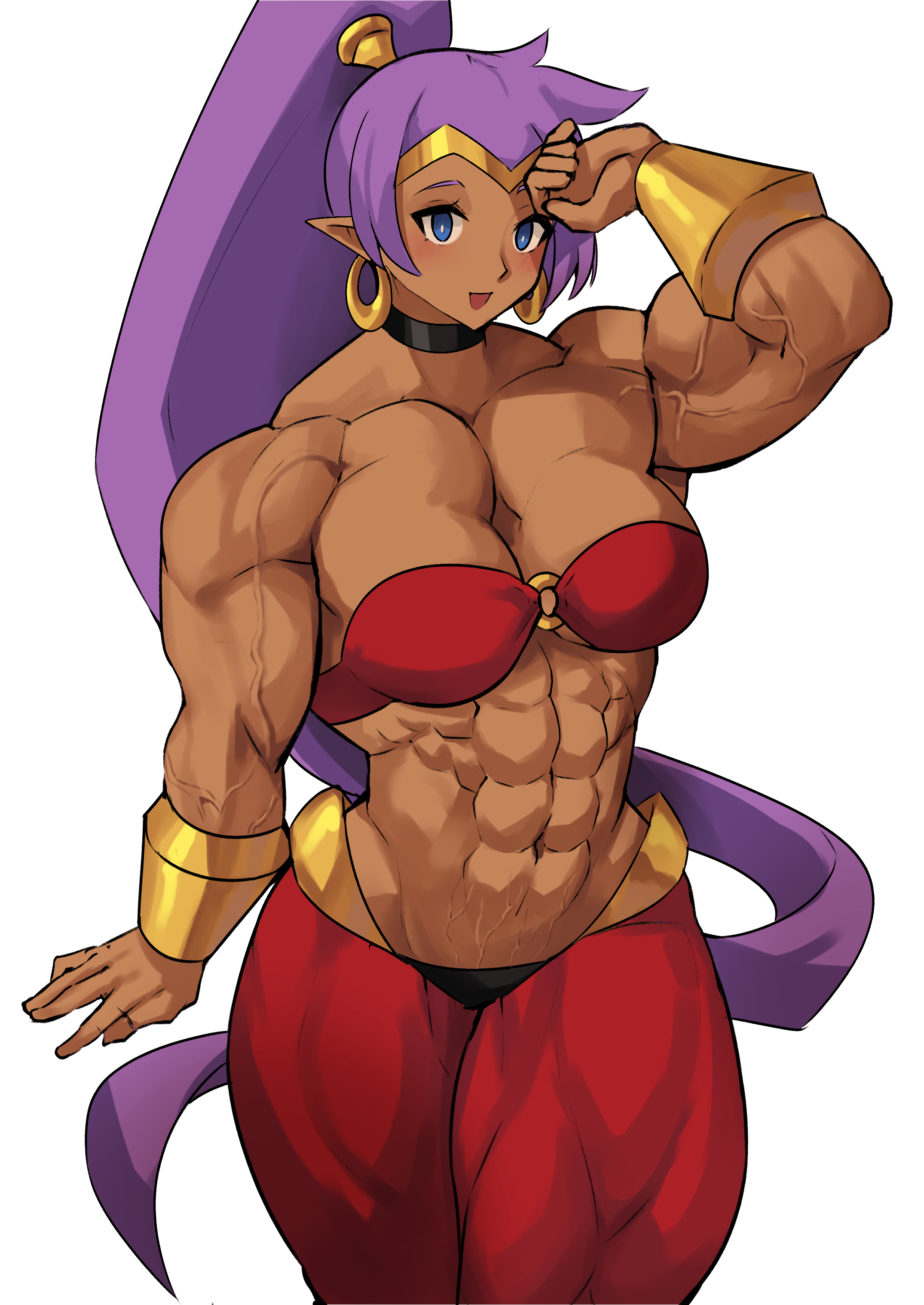 abs, blue eyes, breasts, choker, cleavage, dark skin, dark-skinned female, earrings, female, genie girl, long hair, long ponytail, muscles, musctonk, muscular, muscular female, muscular thighs, navel, pointy ears, ponytail, purple hair, shantae, shantae (character), smooth skin, solo, thick thighs, thunder thighs, veins, veiny muscles