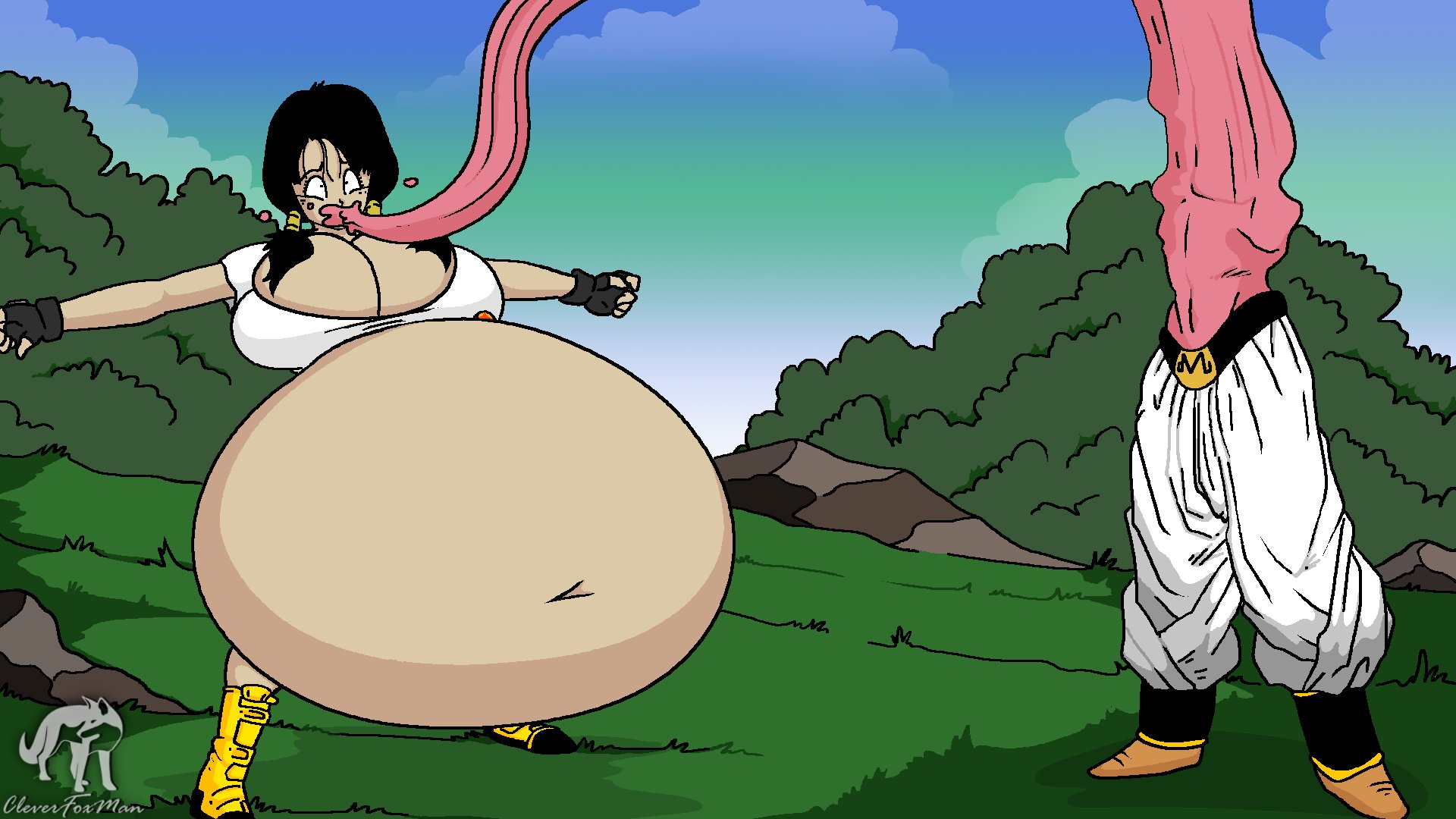 belly expansion, belly inflation, big breasts, breasts, cleverfoxman, dragon ball, dragon ball z, expansion, female, female focus, forced vore, huge breasts, inflated belly, inflation, majin buu, slime inflation, unwilling pred, videl, vore