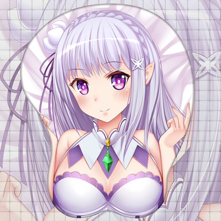 bare_shoulders boob_mousepad braid closed_mouth closed_smile clothed covered_breasts crown_braid dressed elf elf_ears elf_female elf_girl emilia_(re:zero) eyebrows_raised eyebrows_visible_through_hair female green_jewel hair_flower hair_ornament half-elf half_elf happy happy_female light_blush light_skin long_hair medium_breasts mousepad neck_jewelry neckwear open_eyes oppai_mouse_pad pointy_ears purple_eyes re:zero_kara_hajimeru_isekai_seikatsu shiny_eyes silver_hair traditional white_clothing white_dress white_flower white_hair x_hair_ornament