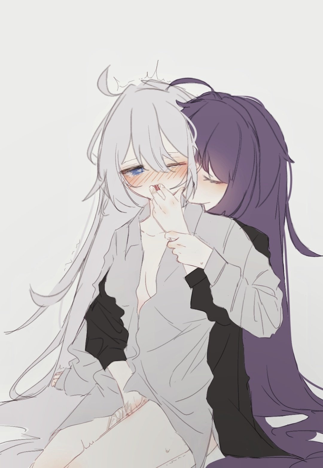 2girls, bangs, black shirt, blue eyes, blush, blush lines, bottomless, dress shirt, female, female only, finger fuck, fingering, fingering partner, fingering pussy, fingers in mouth, honkai (series), honkai impact 3rd, kiana kaslana, kissing neck, lesbian sex, light skin, light-skinned female, long hair, multiple females, multiple girls, one eye closed, pale skin, pale-skinned female, pantless, purple hair, pussy, raiden mei, silver hair, sitting on lap, unbuttoned shirt, yuri