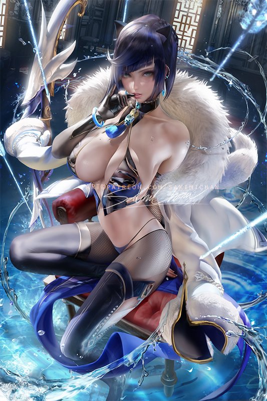 1girls, 2022, alternate version available, artist signature, black hair, blue hair, breasts, cleavage, clothed, clothed female, female, female only, genshin impact, green eyes, hips, huge breasts, sakimichan, short hair, slim waist, thick thighs, thighs, two-tone hair, watermark, wide hips, yelan (genshin impact)
