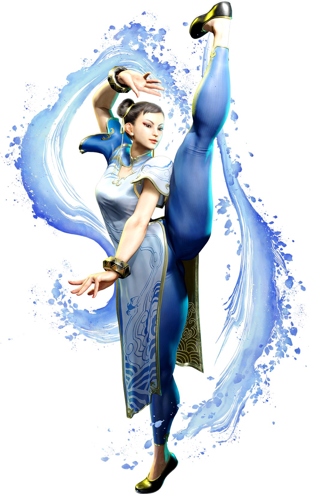 1girls, 3d, 3d (artwork), blue leggings, bracelet, capcom, chinese clothes, chun-li, chun-li (street fighter 6), clothed, clothed female, clothes, clothing, female, female only, flexible, fully clothed, hair bun, kicking, leggings, legs up, muscular, muscular legs, muscular thighs, official art, posing, simple background, solo, splits, street fighter, street fighter 6, thick hips, thick legs, thick thighs, thunder thighs, tight clothing, tight pants, water, white background