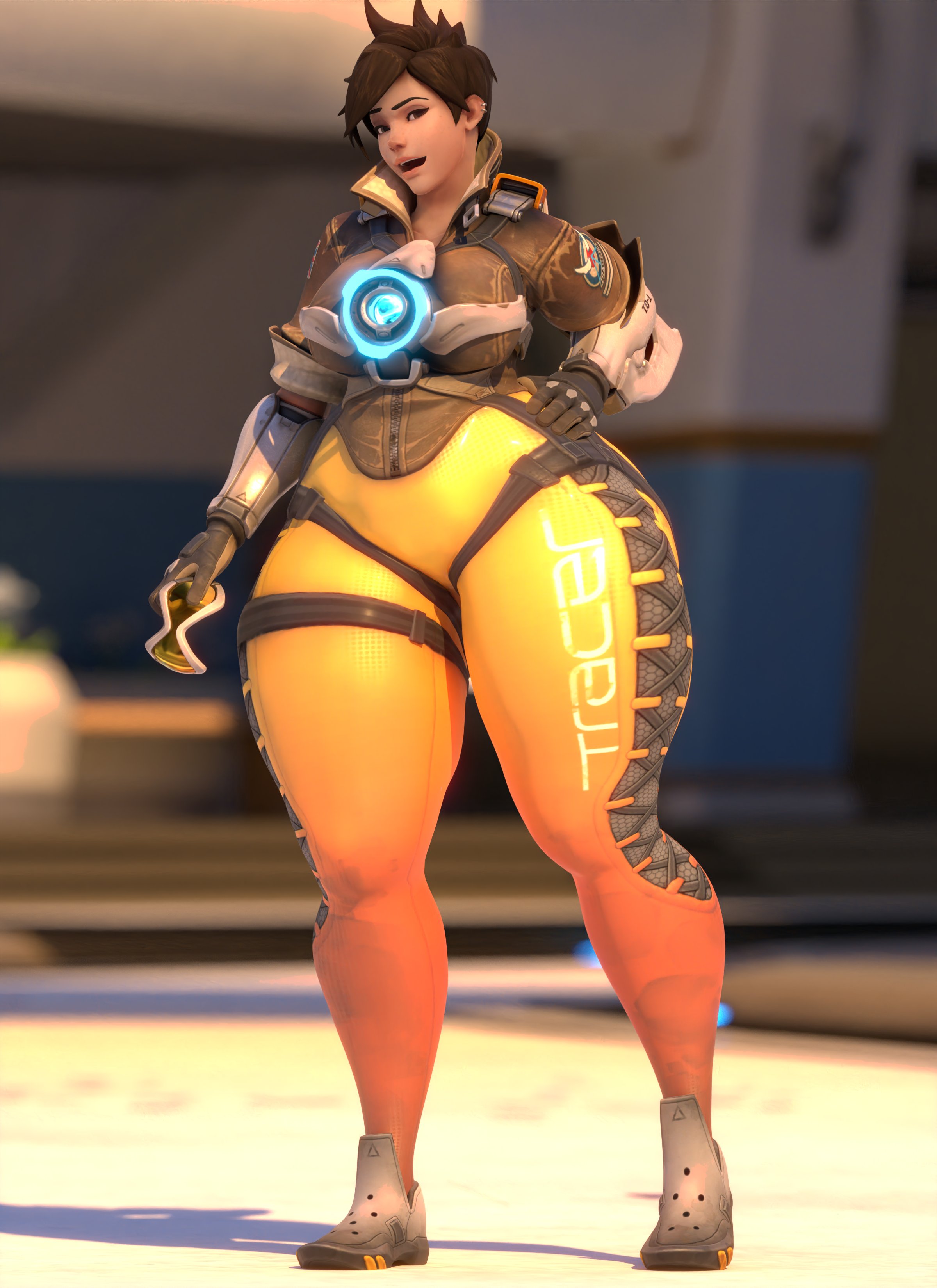 3d, ass, big ass, bottom heavy, breasts, bubble ass, bubble butt, coolmaster98, female, fully clothed, huge ass, no penetration, overwatch, solo, solo female, tagme, thick thighs, tracer, wide hips