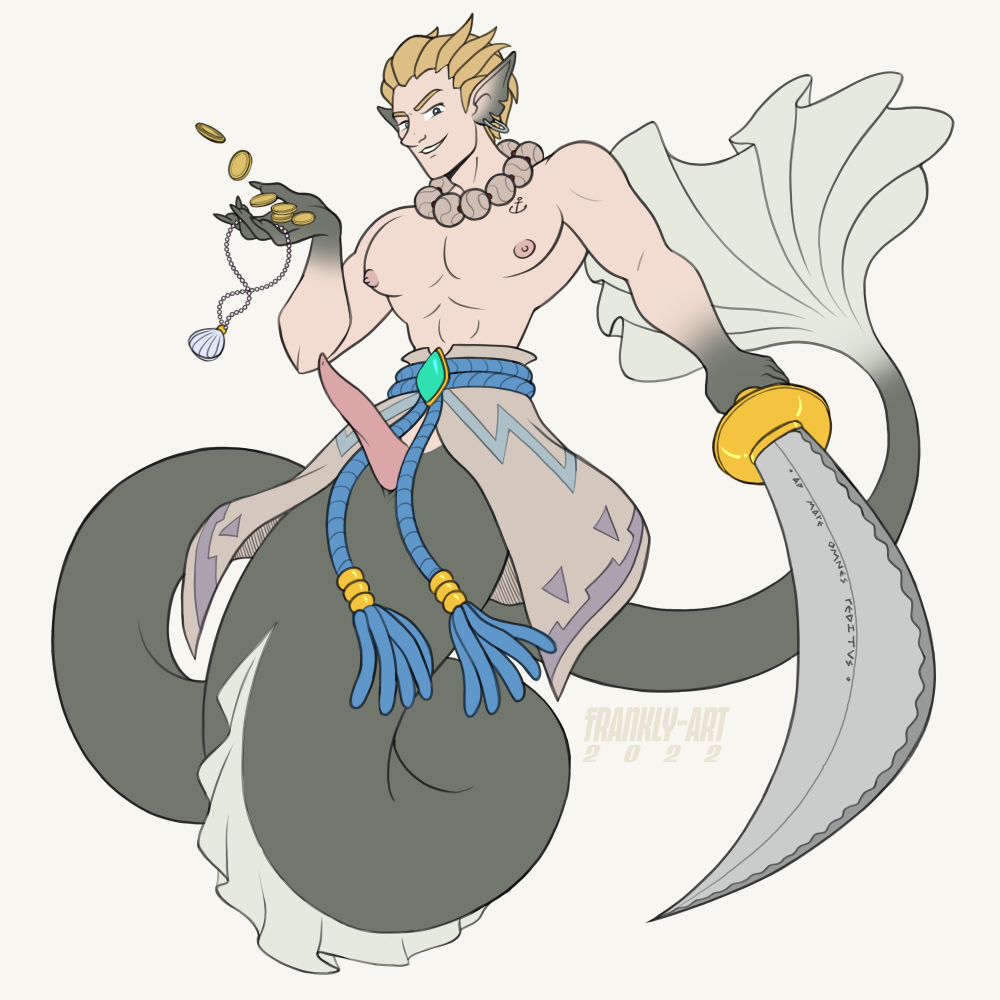 abs animal_humanoid apode bara_tiddies bara_tiddy barazoku belt blonde_hair bottomwear clothing coin ear_piercing ear_ring eel eel_humanoid erection fin fish fish_humanoid frankly-art genitals hair humanoid jewelry legless looking_at_viewer male male_only marine marine_humanoid melee_weapon merfolk merman necklace nipples pecs penis piercing rapier rope rope_belt seashell shell skirt solo split_form sword teo_(tittle_moon) waist weapon