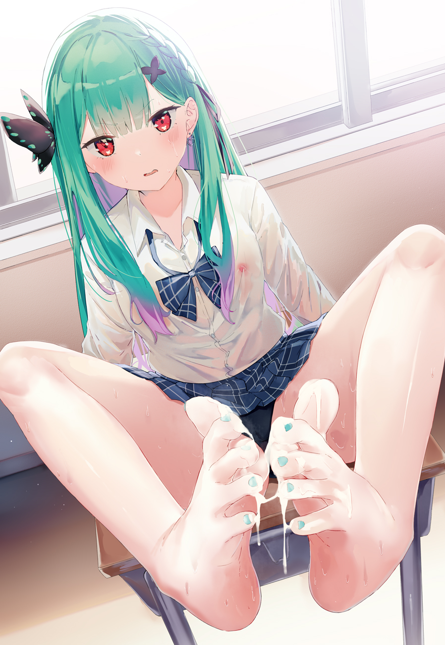 barefoot black_panties braid butterfly_hair_ornament clothed clothing covered_nipples cum cum_on_feet desk earrings female french_braid green_hair green_nails hair_ornament hair_ribbon highres hololive hololive_fantasy hololive_japan jewelry kou_futoshi nail_polish nipples no_bra panties pantyshot red_eyes removing_legwear ribbon school_uniform shirt sitting solo_focus sweat toes underwear uruha_rushia virtual_youtuber wet wet_clothes wet_shirt